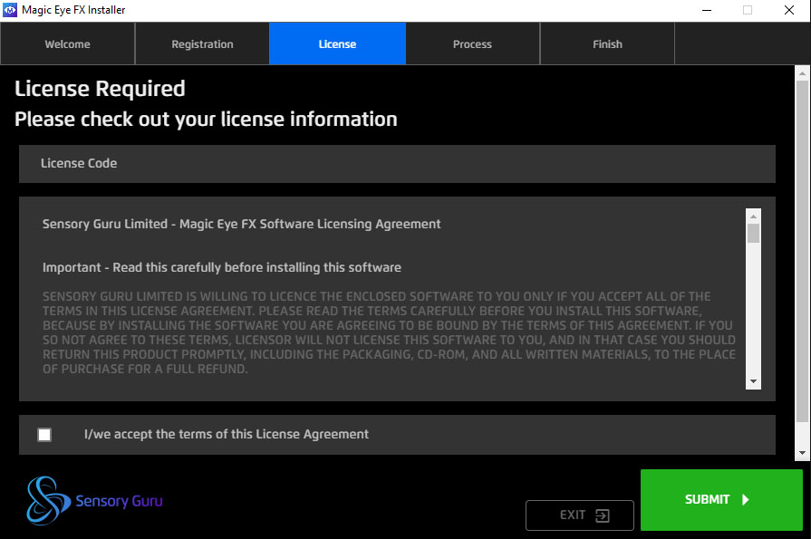 Magic Eye FX Software License Entry Screen