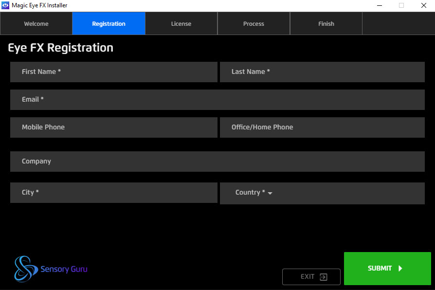 Magic Eye FX Software Registration Screen